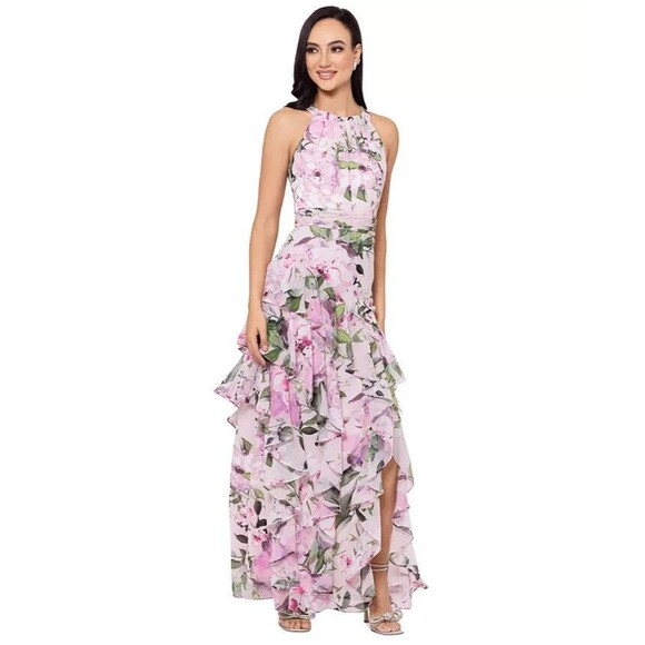 XSCAPE Women's Floral Printed High-Neck Sleeveless Ruffled Dress Rose Pink 16